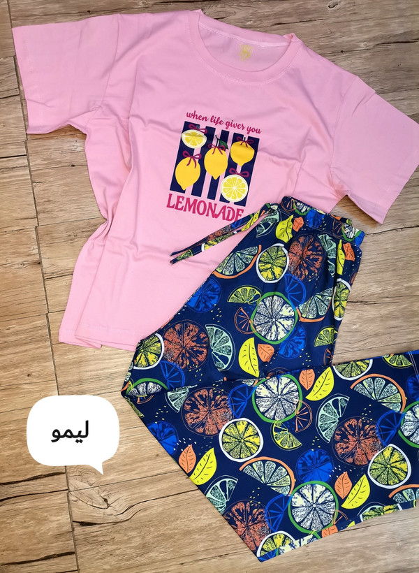 ست راحتی تیشرت باکسی و پیژامه کمرکش مدل میوهای پینترستی زنانه دخترانه فریسایز38 تا44