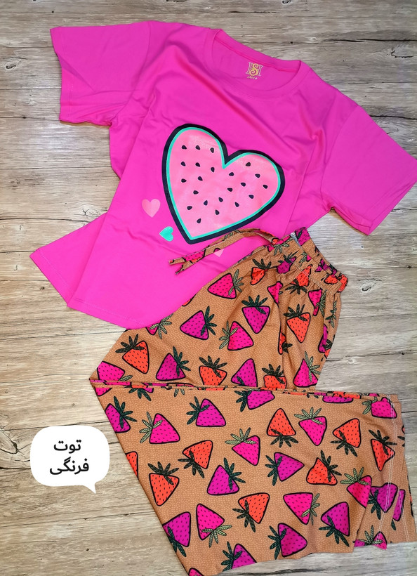 ست راحتی تیشرت باکسی و پیژامه کمرکش مدل میوهای پینترستی زنانه دخترانه فریسایز38 تا44