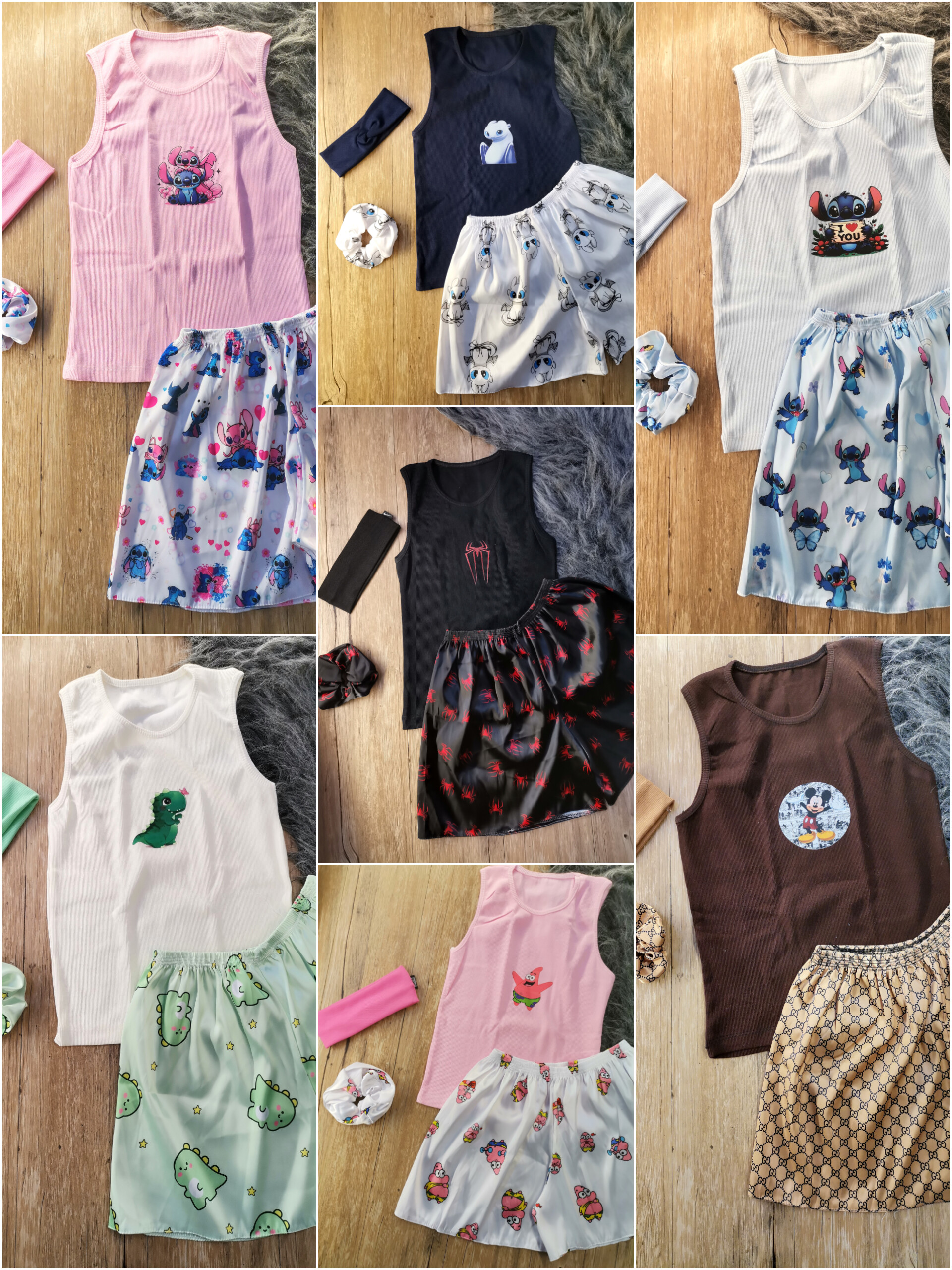 ست 4تکه استیکری تاپ کبریتی و شورتک ساتن و اسکرانچی و هدبند  زنانه دخترانه فری‌سایز 36تا40