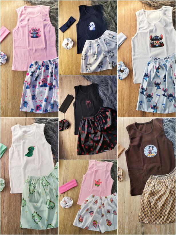 ست 4تکه استیکری تاپ کبریتی و شورتک ساتن و اسکرانچی و هدبند زنانه دخترانه فریسایز 36تا40